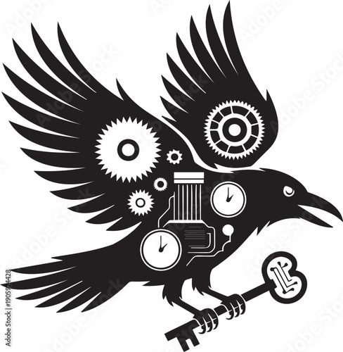 Steampunk raven bird mechanical with gears holding antique key flying