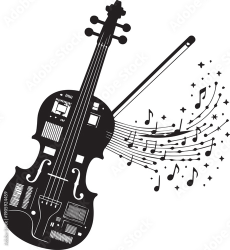 Violin with circuits and flowing musical notes creating vibrant sound