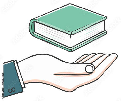 Open hand presenting a floating book, symbolizing knowledge, education, and literary concepts