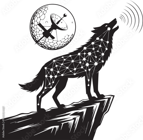 Wolf howling on cliff with satellite dish and network connections