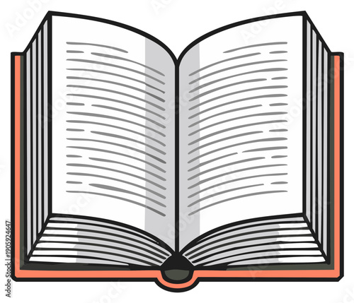 Open book illustration with stylized pages and red cover for reading education