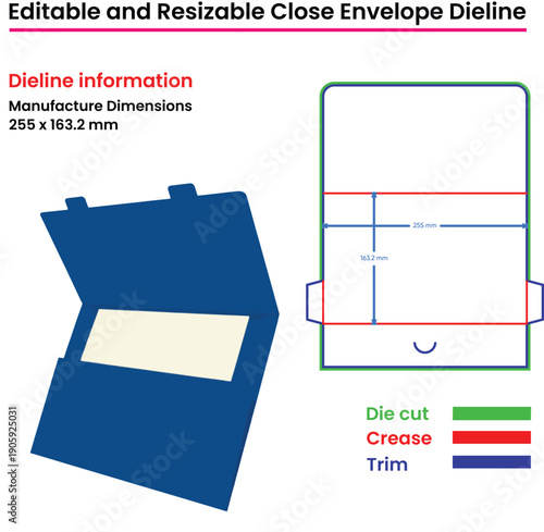 Editable Envelope Dieline with Manufacture Dimensions and Color Key template die cut