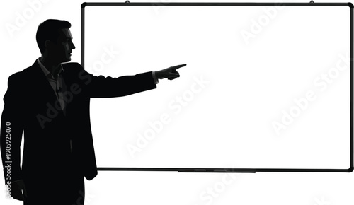 Businessman silhouette points directly toward a large empty white presentation board ready for projected information display.
