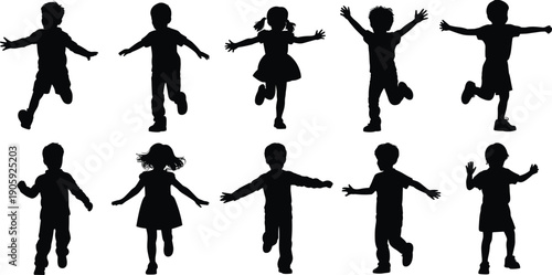 Set of happy children silhouettes jumping and running with raised arms, playful kids activity collection, boys and girls black vector figures isolated on white background.