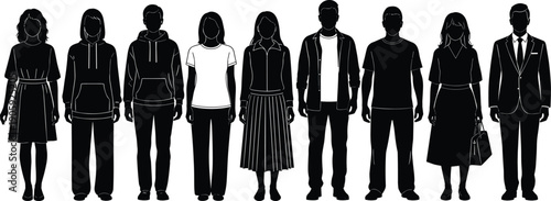 Silhouette illustration of nine diverse individuals in casual and formal clothing styles, vector artwork symbolizing fashion diversity, personal style, demographics, and character design concepts