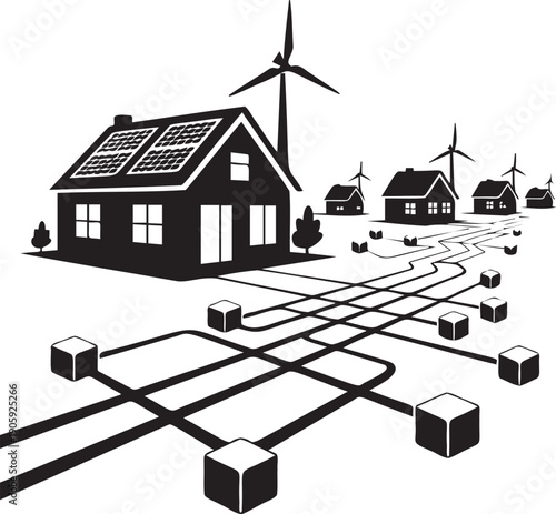 Smart grid network connecting houses with solar panels and wind turbines