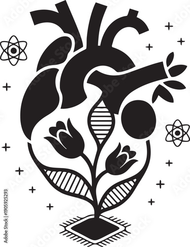 Anatomical human heart with blooming flowers and biotechnology icons