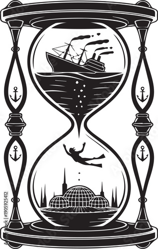 Hourglass with sinking ship and underwater diver illustration