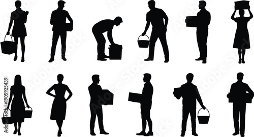 Silhouette set of workers carrying boxes and buckets, loading and unloading goods, warehouse labor and logistics concept, moving service people, black vector figures isolated.
