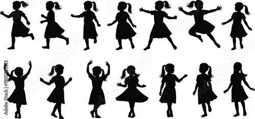 Girl silhouette illustration, dynamic dance and running poses, playful child figure art, ponytail dress design, black and white artwork