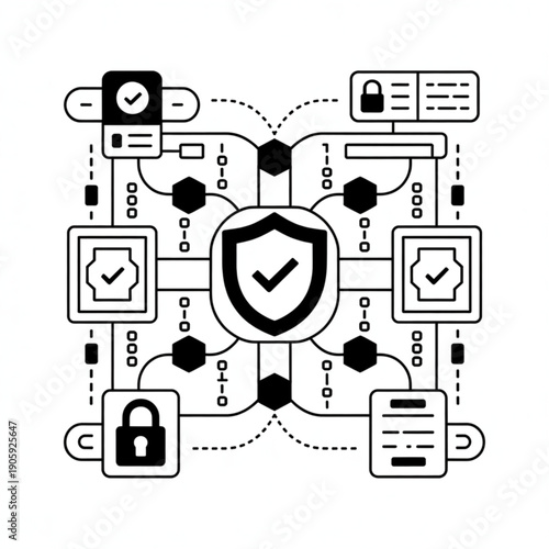 Black and white line art illustration of a cybersecurity network with central shield and security icons