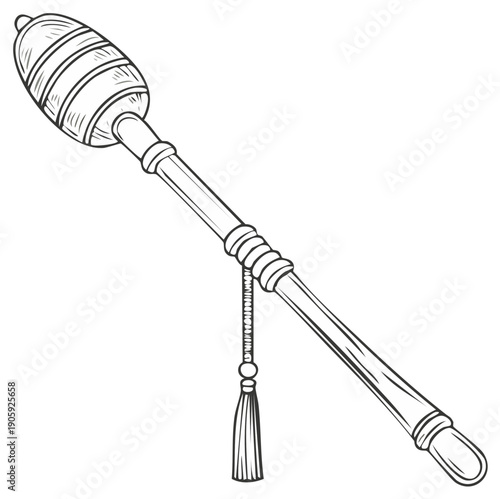 Line art illustration of an ornate mace with a tassel depicting authority, power, and symbolic cultural heritage