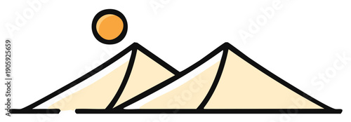 Simple cartoon drawing of ancient pyramids in a desert landscape at sunrise