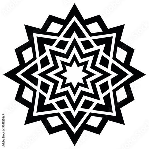Intricate black and white geometric starburst pattern with sharp angular lines radiating outwards in layers