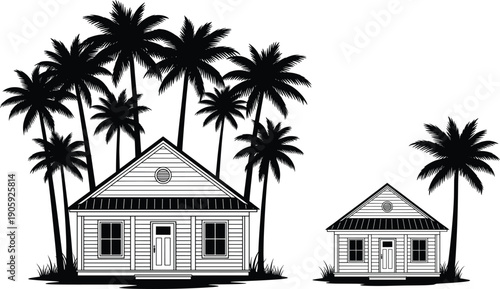 House and palm tree illustration set, residential building artwork, tropical architecture design, stylized home drawing, black and white composition