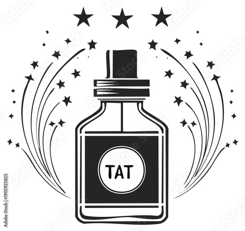 Bottle of Ink with Stars and Sparkles - Tattoo Art Symbol