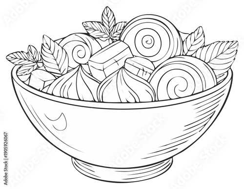 Black and white illustration of a bowl filled with desserts and sprigs of mint