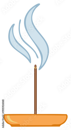 Aromatic incense stick burning with rising smoke in a simple holder illustrating tranquility and relaxation