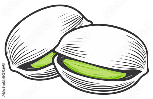 Two stylized pistachios showing bright green kernels and white outer shells