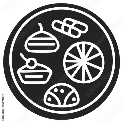 Dessert platter illustration with cakes, cookies, and fruit, graphic icon.