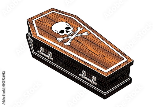 Wooden coffin with a skull and crossbones halloween themed illustration