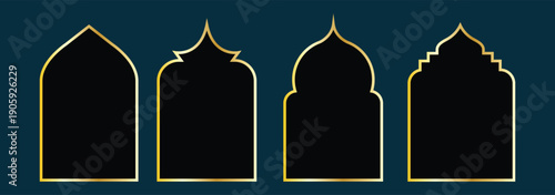 Simple golden arab arch geometric frames are isolated on black background. Luxury arabic islamic borders for invitations, templates, and decorative patterns. 3D vector illustration