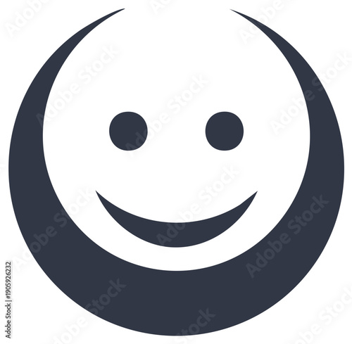 Minimalist crescent moon shaped smiling face icon. Joyful graphic illustration depicting happiness and positive emotions.