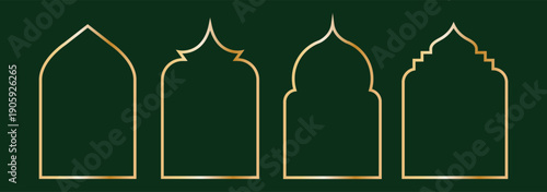 Simple golden arab arch geometric frames are isolated on black background. Luxury arabic islamic borders for invitations, templates, and decorative patterns. 3D vector illustration
