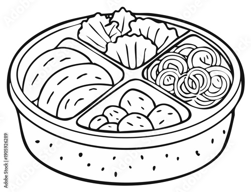 Children's coloring page illustration of a segmented food tray with various cartoonish food items