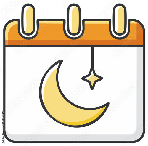 Stylized calendar with a hanging crescent moon and star decoration