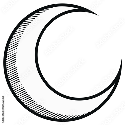 Hand-drawn crescent moon with hatching detail and black outline