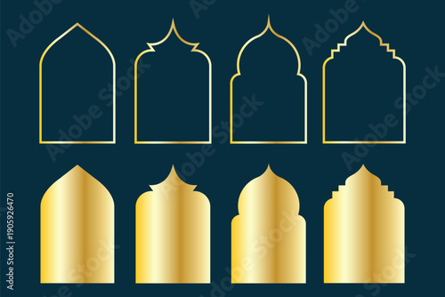 Simple golden arab arch geometric frames are isolated on black background. Luxury arabic islamic borders for invitations, templates, and decorative patterns. 3D vector illustration