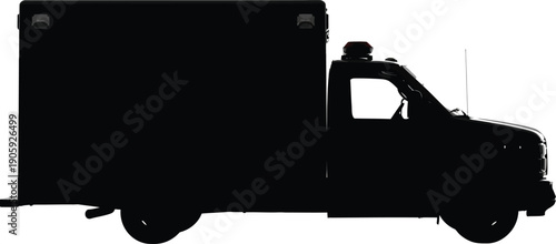 Ambulance vehicle silhouette is isolated against a stark white background representing emergency medical services transport.