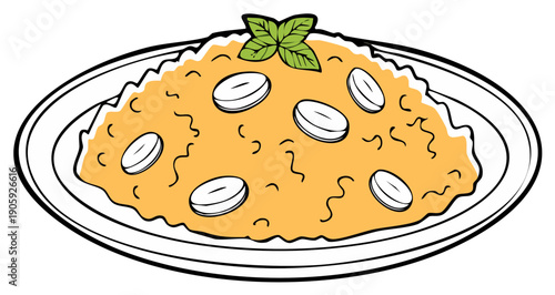 Delicious creamy orange risotto dish with fresh basil and oval toppings served on a plate cartoon