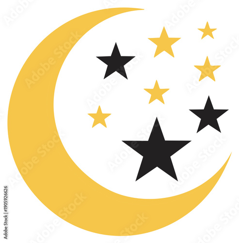 Simple yellow crescent moon and black gold stars celestial night sky design abstract symbol
