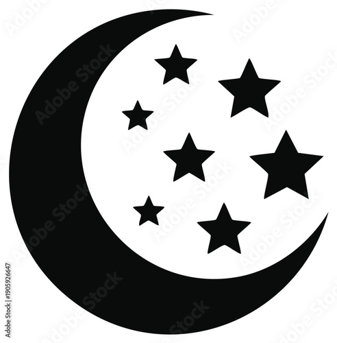 Stylized Black Crescent Moon with Seven Stars