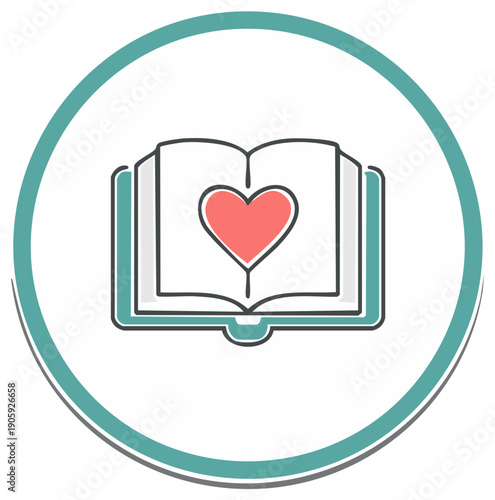 Open book with heart, reading love stories and romantic literature illustration