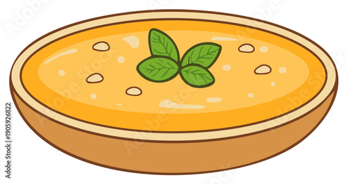 Delicious orange soup with fresh basil garnish in a rustic bowl