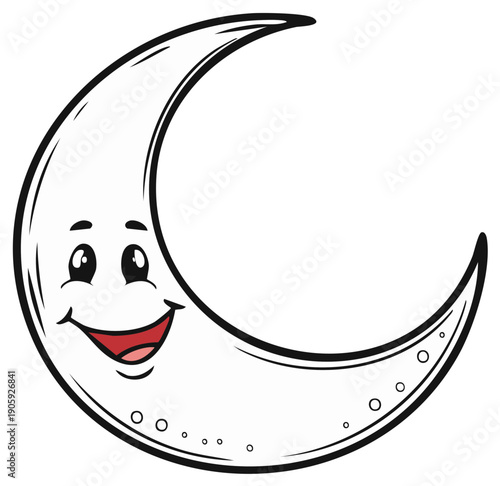 Cartoon Crescent Moon Character Smiling Happily in the Night Sky
