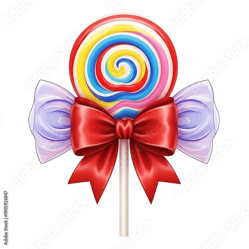 A colorful swirl lollipop adorned with a bright red bow and lavender wings