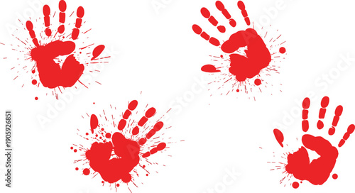 Red handprint silhouette illustration, splatter paint design, abstract human presence art, emotional symbol artwork, black and white background contrast