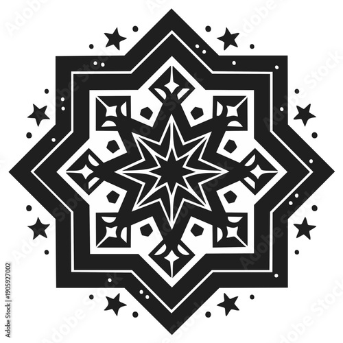 Abstract Star Patterned Ornament with Floral Details and Eight Points in Black and White for Decorative Use