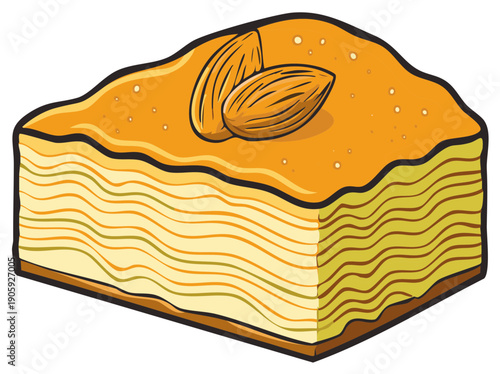 Illustration of a slice of Middle Eastern baklava dessert with almonds topping, cartoon style.