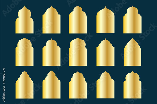 Vector set of islamic shape traditional window. Collection arabian golden shapes icon isolated on black. Oriental gold frames