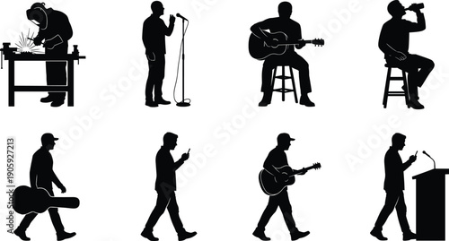 Silhouette illustration of human activities, musician playing guitar, welder at workbench, speaker at podium, leisure drinking pose, black and white art