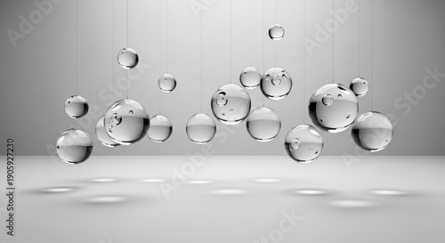Numerous clear transparent spheres containing bubbles are suspended against a minimalist grey background.
