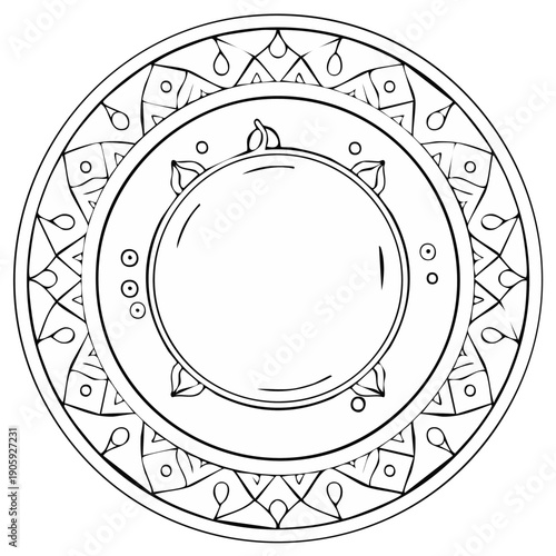 Circular ornamental plate with geometric patterns and floral motifs in outline