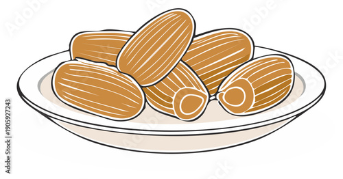 Dried dates resting on a white plate food illustration brown color snack healthy dessert