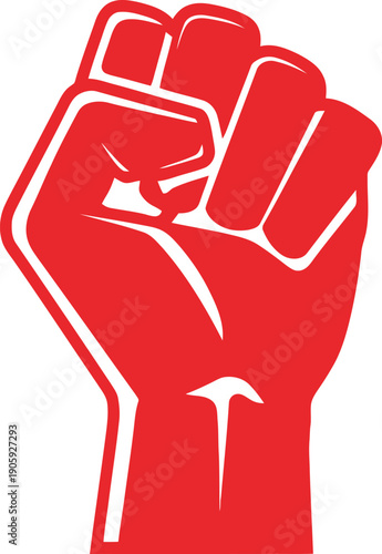 A red raised fist with a white arrow pointing upwards