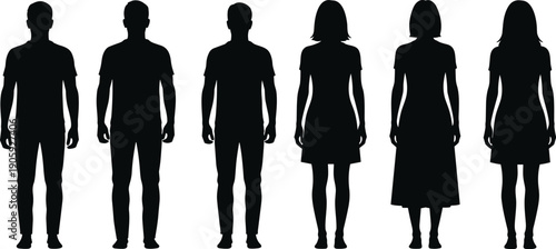 "Black silhouette illustration set of male and female human figures with varied postures and clothing styles for design, education, and identification projects"